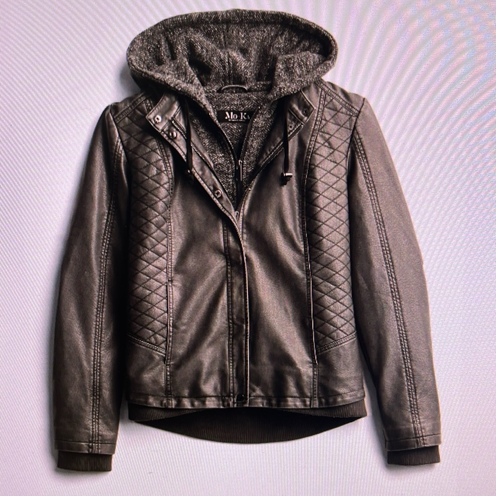 MO-KA Miriam knit hood faux leather jacket. dark gray. Medium. NWOT Stitchfix.